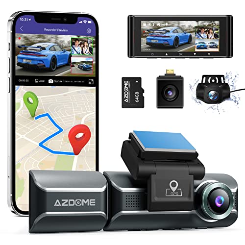 AZDOME M550 Dash Cam 3 Channel, Built in WiFi GPS, With 64GB Card, Front Inside Rear 1440P+1080P+1080P Car Dashboard Camera Recorder, 4K+1080P Dual, 3.19" IPS, IR Night Vision, Capacitor, Parking Mode