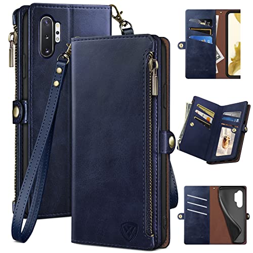 XcaseBar for Samsung Galaxy Note 10 Plus Wallet case with Zipper RFID Blocking Credit Card Holder, Flip Folio Book PU Leather Phone case Shockproof Cover Women Men for Note10+ case Blue