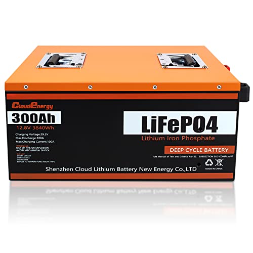 Cloudenergy LiFePO4 Battery 12V 300Ah 3.84kWh Deep Cycle with Longer Runtime, Built-in 100A BMS, 6000+Cycles & 10 Year Lifetime, Perfect in Solar/Energy Storage System, RV, Marine, Backup Power, etc