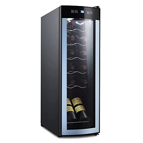 Vaykold Wine Cooler, Compact Mini Wine Fridge Wine Cellar for Red, White, Champagne or Sparkling Wine, Freestanding Wine Refrigerator with Quiet Compressor & LED Light, 40-66F, Blue&gray (12 Bottles)