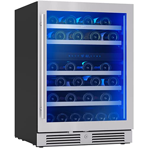 Zephyr Presrv 24" Wine Fridge Dual Zone Under Counter - Countertop Mini Wine Cooler Cellars Small Cabinet Wine Refrigerator Home Bar Chiller Freestanding with French Glass Door Black, 45 Bottles 750ml