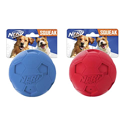 Nerf Dog Soccer Ball Dog Toy with Interactive Squeaker, Lightweight, Durable and Water Resistant, 2.5 Inches, For Small/Medium/Large Breeds, Two Pack, Blue and Red