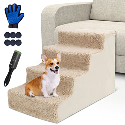 Almcmy Pet Stairs, Non-Slip 4 Tiers Dog Steps with Washable Fiber Cover, Plastic Dog Stairs for Small Dogs & Cats Climbing Couch, Sofa, Bed - Send 1 Pet Grooming Gloves, 1 Lint Roller