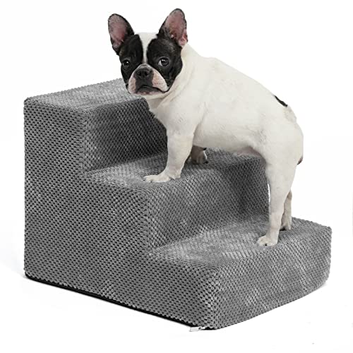 KASSELY Portable Dog Stairs, Pet Stairs 3-Step Anti-Slip Rubber Bottom Memory Foam Dog Steps with Removable Washable Cover for Smaller & Elder Pets, Sturdy Steps for Dog Under 50 Pounds