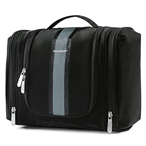 BAGSMART Toiletry Bag for Men, Travel Toiletry Organizer with hanging hook, Water-resistant Cosmetic Makeup Bag Travel Organizer for Shampoo, Full Sized Container, Toiletries, Black