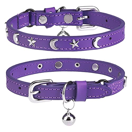 DILLYBUD Leather Cat Collars for Boy Girl Cats with Bell and Safety Elastic Belt, Personalized Star and Moon Stud Adjustable Safe Buckle Collar for Kitty Small Big Cats Size 8-12 Inch, Purple