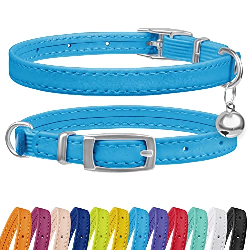 CollarDirect Leather Cat Collar with Elastic Safety Strap and Bell for Boy, Girl, Kitten (Neck Fit 9"-11", Light Blue)