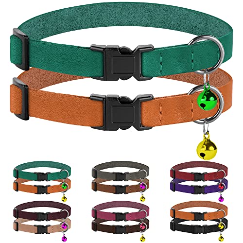 Murom Breakaway Cat Collar with Bell 2PCS Set Adjustable Leather Pet Collars for Cats Kitten Pink Orange Red Green Brown Gray Purple Black (Green + Orange)