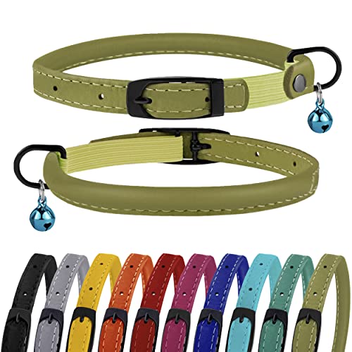 BRONZEDOG Cat Collar with Bell Safety Rolled Leather Collars for Cats Kitten Black Blue Pink Green Yellow Grey (8" - 10", Olive Green)