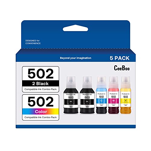 502 High Capacity (5 Bottles) Compatible Refill Ink Bottle Replacement for Epson 502 Ink Refill Bottles (Not Sublimation Ink) Use for EcoTank ET-2850 ET-3830 ET-3850 ET-2760 ET-3760 ET-15000 Printer