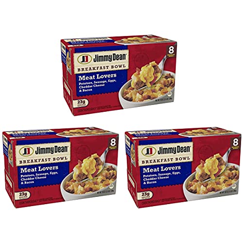 Gourmet Kitchn Jimmy Dean Meat Lovers Breakfast Bowls - 3 Boxes (8 Bowls Each, 24 Bowls Total) - Potatoes, Sausage, Eggs, Cheddar Cheese and Bacon - Frozen Meal
