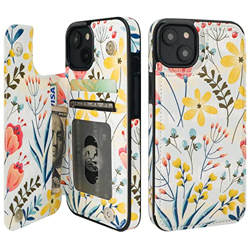 HAOPINSH for iPhone 14 Wallet Case with Card Holder, Floral Flower Pattern Back Flip Folio PU Leather Kickstand Card Slots Case for Women Girls, Double Magnetic Clasp Shockproof Cover 6.1"
