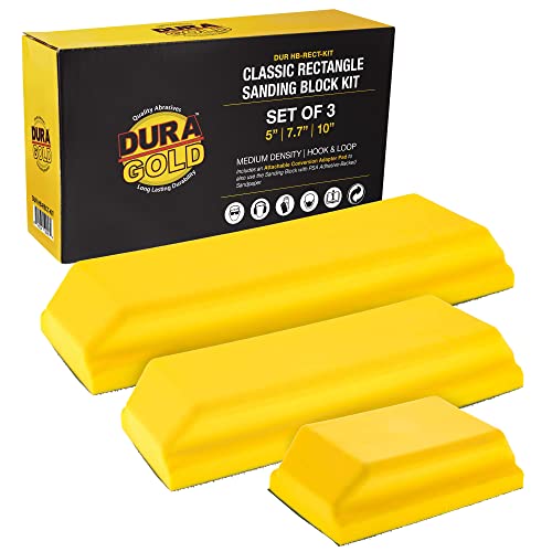 Dura-Gold Pro Series Classic Rectangle Hand Sanding Block Kit with 3 Blocks, 5", 7-3/4" and 10" Set, Hook & Loop Backing and PSA Sandpaper Conversion Adapter Pad - Auto Paint Prep Sand Woodworking