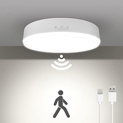 Rechargeable Motion Sensor Light Indoor, 7.4 inch Closet Lights Motion Sensored with 300LM, 7000mAh, 3000K/5000K, Battery Powered Ceiling Light for Closet Stair Pantry Bathroom Hallway Shed Garage