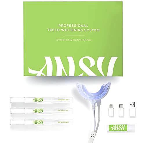 ANSY Teeth Whitening Kit with LED Accelerator Light, 3X Gel Pens, Lip Care Balm | Make a Snow White Smile at Home | Non-Sensitive Teeth Whitener Save Gums and Enamel | Helps to Remove Tooth Stains