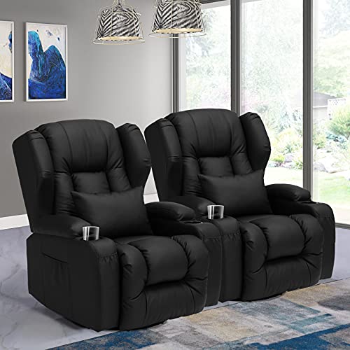 OBBOLLY Swivel Rocker Recliner Chair - Manual Glider Rocking Recliner Chair, Wingback Design 360 Swivel Chair with Lumbar Pillow, Cup Holders, Side Pockets for Living Room, Faux Leather (2, Black)
