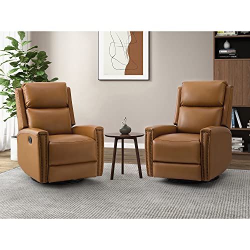 HULALA HOME Genuine Leather Swivel Rocker Recliners Set of 2, Manual Glider Recliner Chairs with Adjustable Backrest & Footrest, Modern Home Theater Sofa Armchairs for Living Room Bedroom, Camel