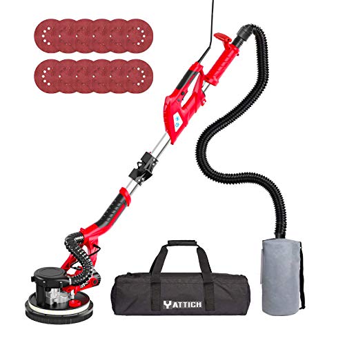 YATTICH Drywall Sander, 750W Electric Sander with 12 Pcs Sanding discs, 7 Variable Speed 800-1750 RPM Wall Sander with Extendable Handle, LED Light, Long Dust Hose, Storage Bag and Work Glove, YT-916