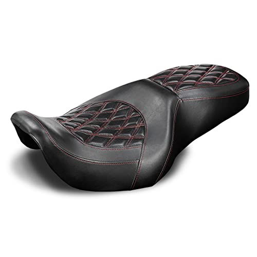 Two-UP Motorcycle Rider Passenger Seat Fit for Harley Touring Road King 1997-2007 Street Glide 2006-2007 (Red Stitching)