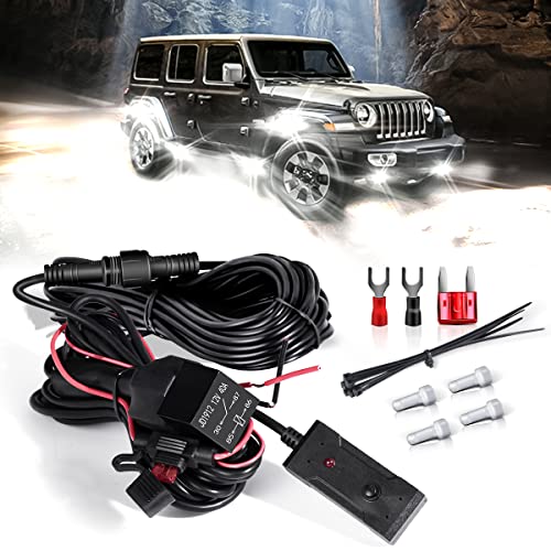 LEDMIRCY LED Rock Lights Wiring Harness kit 4 Leads 12V 40A Fuse Relay ON-Off Switch 23.3FT Waterproof Wiring Harness Kit for Rock Lights 60W 22AWG for Je-ep Off-Road Truck ATV UTV SUV RZR RV 4X4