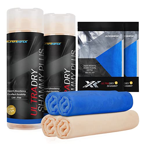 Eramax Premium UltraDry Shammy 4 Pack (2 Large and 2 Small Chamois Cloth for Car) Super Absorbent Shammy Towel for Car Wash and Drying. Professional Car Drying Towel and Work Prefect as a Boat Towel