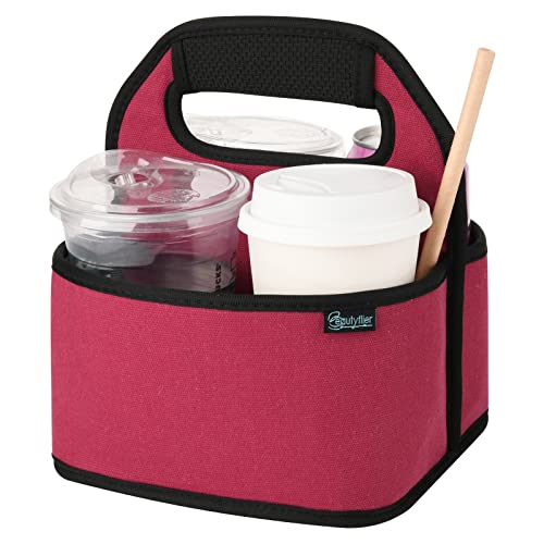 Beautyflier Reusable Insulated Coffee Cup Carrier, Portable Drink Holder with Handle Organizer Tote Bag for Hot & Cold Drinks (Wine Red)