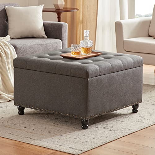 Tbfit Large Square Storage Ottoman Bench, Tufted Upholstered Coffee Table Ottoman with Storage, Oversized Storage Ottomans Toy Box Footrest for Living Room, Dark Grey