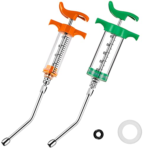 2 Pieces Syringe with 2 Drench Nozzle Adjustable Dosage Reusable Drench Gun Syringe for Sheep, Goats (Orange, Green,20 ml, 50 ml)