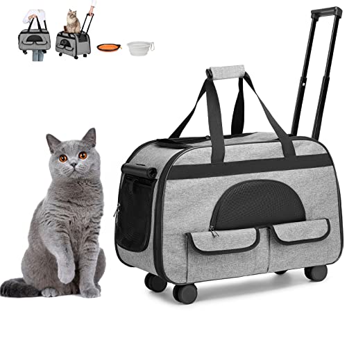 Large Rolling Cat Carrier with on Wheels, Small Dog Pet Car Travel Carrier Collapsible Bag with Rollers Wheels, Carrier for Cats under to 35 LBS/ Dog Puppy under 16 LBS ( Large Size, Not for Airplane)