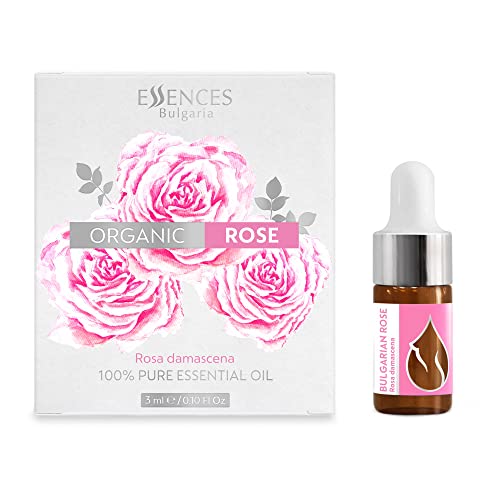 Essences Bulgaria Organic Rose Essential Oil 0,1 Fl Oz | 3ml | Rosa Damascena | 100% Pure and Natural | Undiluted | Therapeutic Grade | Family Owned Farm | Steam-Distilled | Non-GMO | Vegan