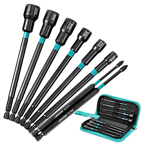 Libraton 8PCS Magnetic Nut Driver Set, Long Nut Drivers 6INCH, SAE Nut Drivers for Impact Drill, Long Shank Nut Driver Bits, 1/4"Hex Shank, Long Power Bits, PH1, PH2, with Storage Bag