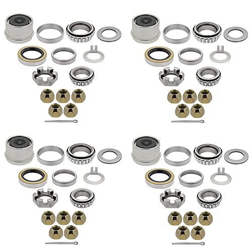 [4-Sets] 3500lbs Trailer Axle Bearing Kit - L44649/10, L68149/11 for #84 Spindle 1.719''- 10-19 (171255TB) Seal, Dust Cap, Spindle Nut, Shaft Washer, Lug Nuts