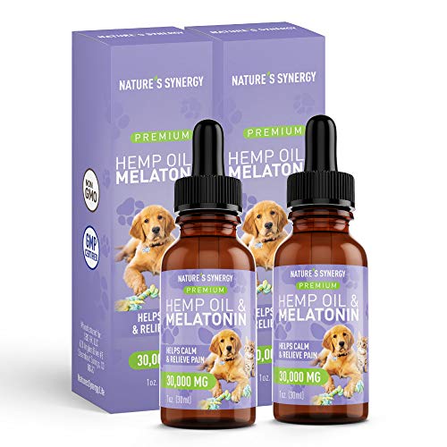 Nature's Synergy Melatonin and Hemp Oil for Dogs, Cats & Pets, Calming Sleep Support, Omega Fatty Acids for Hip and Joint Support, Skin and Coat Health, Stress from Travel, Separation, 2 Pack, 1 Oz