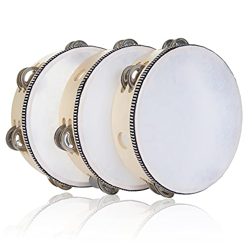 3 Pack 8 inch Tambourine for Adults Hand Held Wood Tambourine Metal Jingles Musical Educational Instrument Rhythm Percussion Tambourine for KTV, Party, Church (Single Row)