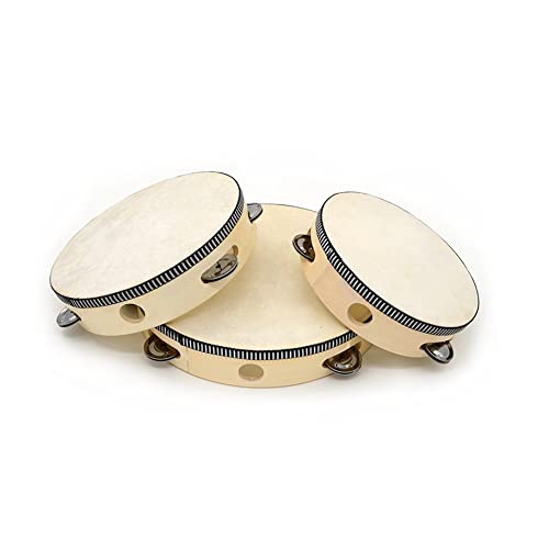 HLMOptimo 3 Pack Tambourine for Adults Wooden Tambourine 6 inch 8 inch 10 inch Hand Held Tambourine Metal Jingles Single Row Instrument Handheld Tambourine Drum (Wooden)