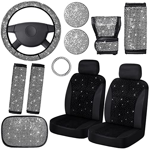13 Pack Bling Car Seat Covers Set Car Diamond Accessories Rhinestone Crystal Steering Wheel Cover, Bling Velvet Breathable Seat Cover, Glitter Center Console Pad Universal Car Interior (White)
