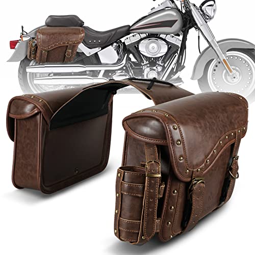 NICECNC Motorcycle Saddle Bags, PU leather Motorcycle Saddlebags, Reinforced Straps & Saddle Piece, with Cup Holder, Throw Over Saddle Bags Side Bags Universal Motorcycle Accessories, BROWN