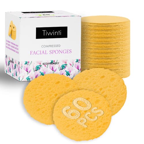 60-Count Compressed Facial Sponges|TiwinTi 100% Natural Cellulose Sponges|Face Cleansing|Makeup Remover|Facial Sponges For Estheticians|Exfoliating Sponge|Pore Exfoliation|Reusable And Travel Friendly