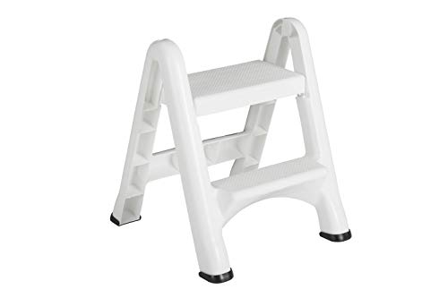 Rubbermaid Two-Step Folding Foot Stool, 14-Inch High, White, 300 Pound Capacity, Small Step Stool for Adults/Kids for Use in Library/Kitchen/Bathroom/Garage/Closet