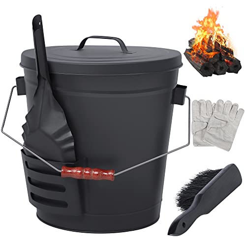 NATURAL EXPRESSIONS Fireplace Ash Bucket with Lid, 5.3 Gallon Coal Bucket with Shovel,Hand Broom and Gloves, Metal Buckets Pail Ash Can for Pellet Charcoal Wood Fire Pits Burning Stoves