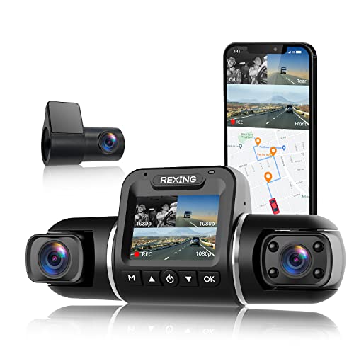 REXING V2 PRO AI Dash CAM, 3 Channel Front Cabin Rear 1080p Recording,2.7 LCD,WiFi,Mobile App,GPS,Night Vision,Artificial Intelligence Dash Camera ADAS, Collision, Pedestrian,Lane Departure Warning