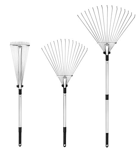 Buyplus Adjustable Garden Leaf Rake - 24 to 63 Inch Telescopic Metal Rake, Expandable Folding Leaves Rake for Lawn Yard, Flowers Beds and Roof