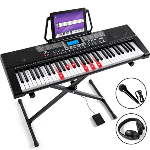 MUSTAR 61 Key Piano Keyboard, Learning Keyboard Piano with Lighted Up Keys, Electric Piano Keyboard for Beginners, Piano Stand, Sustain Pedal, Headphones/Microphone, USB Midi, Built-in Speakers