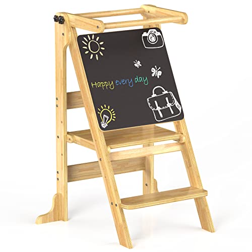 Kitchen Kids Step Stool Foldable - Helper Stool Toddler Learning Tower with Safety Rail & Chalkboard, 3-Level Adjustable Heights Standing Tower for Kitchen Counter Sink Child Gift