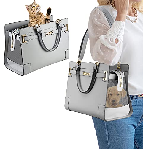 NewEle Fashion Dog Purse Carrier for Small Dogs with Shoulder Strap, Holds Up to 8lbs Quality PU Leather Pet Carrier, Cat Carrier, Airline Approved Puppy Purse Carrier for Travel (Gray, Small Size)