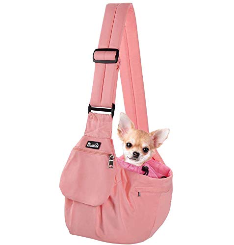 SlowTon Dog Carrier Sling, Hard Bottom Support Dog Carriers for Small Dogs with Adjustable Padded Shoudler Strap, Dog Purse for Puppy Cat Pet with Drawstring Opening Storage Zipper Pockets (Pink)