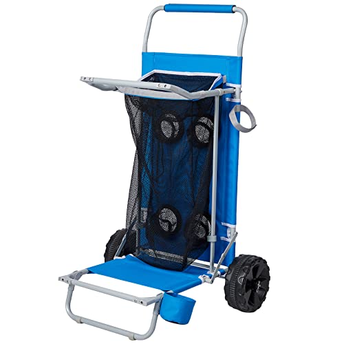 Old Bahama Bay Beach Cart with Big Wheels for Sand, Collapsible Utility Folding Beach Wagon with Four Cup Holders, Big Mesh Storage Capacity for Outdoor Camping Shopping, Supports 100lbs, Blue