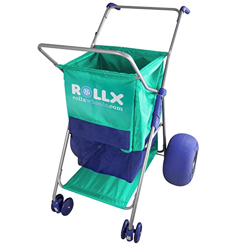 RollX Beach Cart with Big Balloon Wheels for Sand, Foldable Storage Wagon with 13 Inch Beach Tires (Pump Included) (Seafoam)