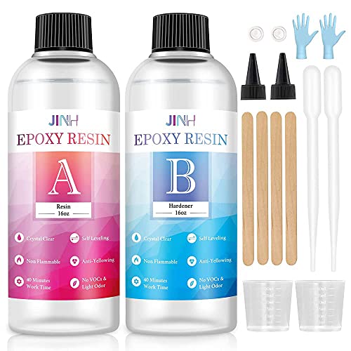 Epoxy Resin 32 oz, Crystal Clear Epoxy Resin Non Yellowing, Self Leveling with High Gloss, UV & Heat Resistant, Clear Resin Set for Jewelry Making, Art, Craft, River Tables, Beginner Friendly