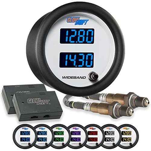 GlowShift White 7 Color Dual Digital Wideband Air/Fuel Ratio AFR Gauge Kit - Includes Oxygen Sensors, Data Logging Output & Weld-in Bungs - Clear Lens - Multi-Color LED Display - 2-1/16" 52mm